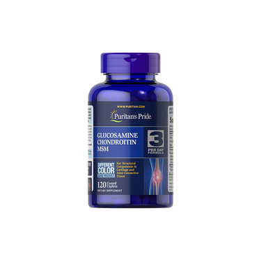 Puritan's Pride Glucosamine Chondroitin MSM (3 Per Day Formula) provides joint and connective tissue support in 120 coated caplets.